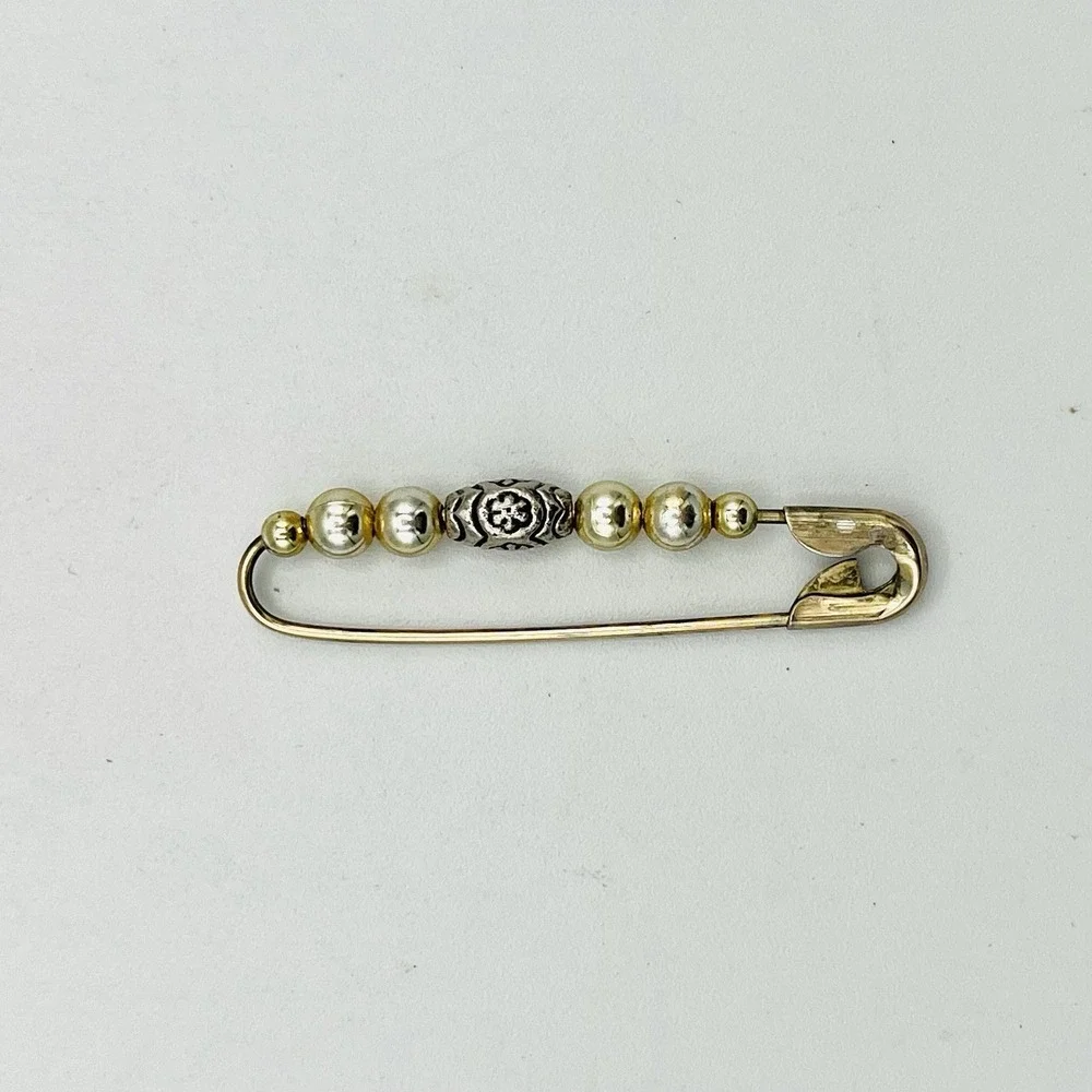 Safety Pin Pendant Brooch Zipper Pull Charm Gold Tone Key Chain Tag Beaded 2.25